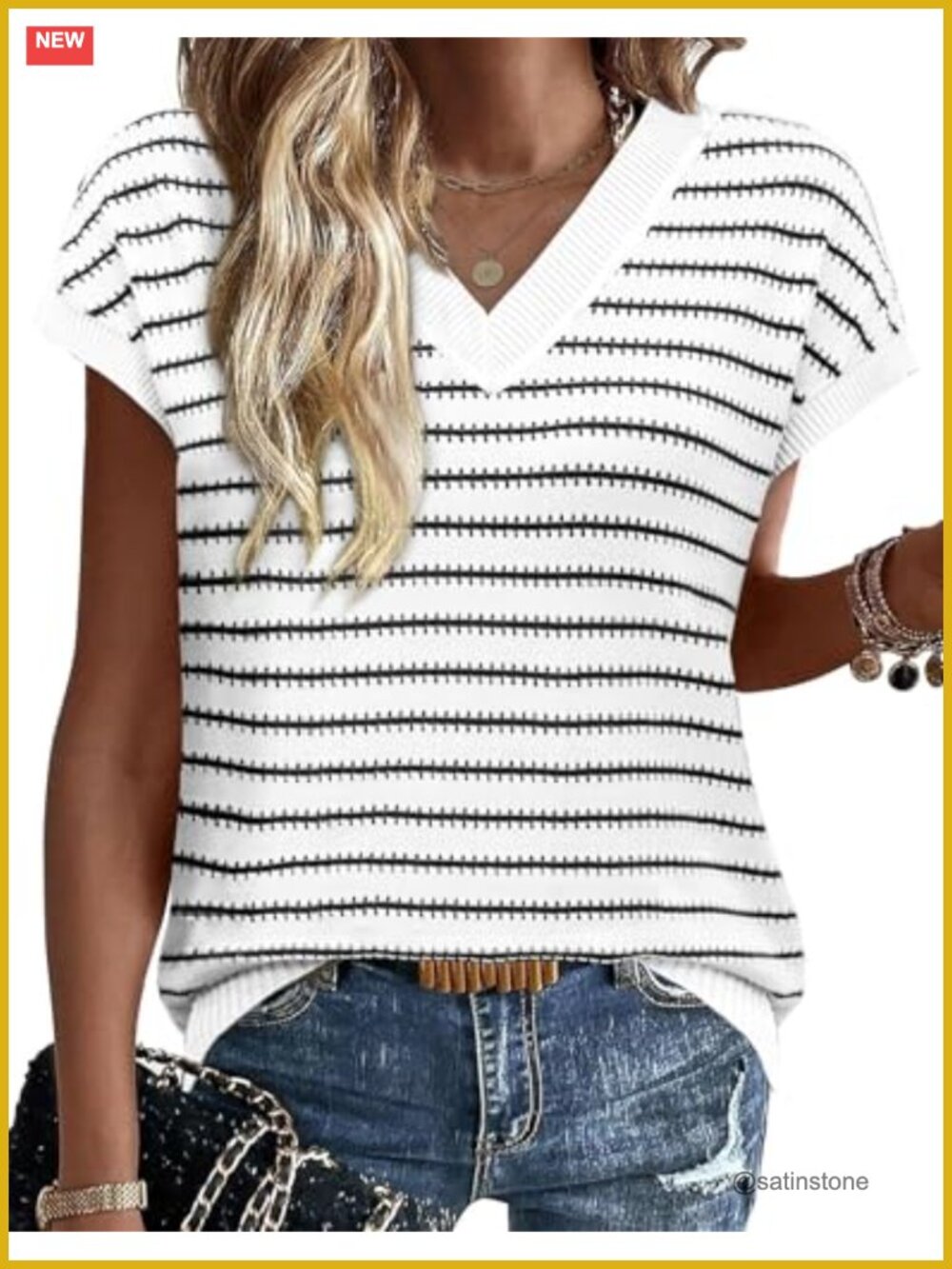 Womens Short Sleeve V Neck Striped Knit Sweater Vest Summer Pullover